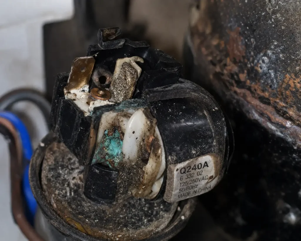 Corroded compressor start relay from a refrigerator repair in Sarasota, FL