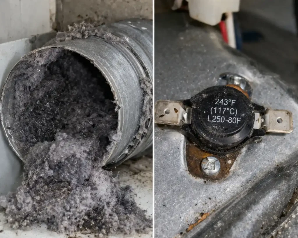 Heavily clogged dryer vent and thermal fuse removed during a dryer repair in Sarasota, FL