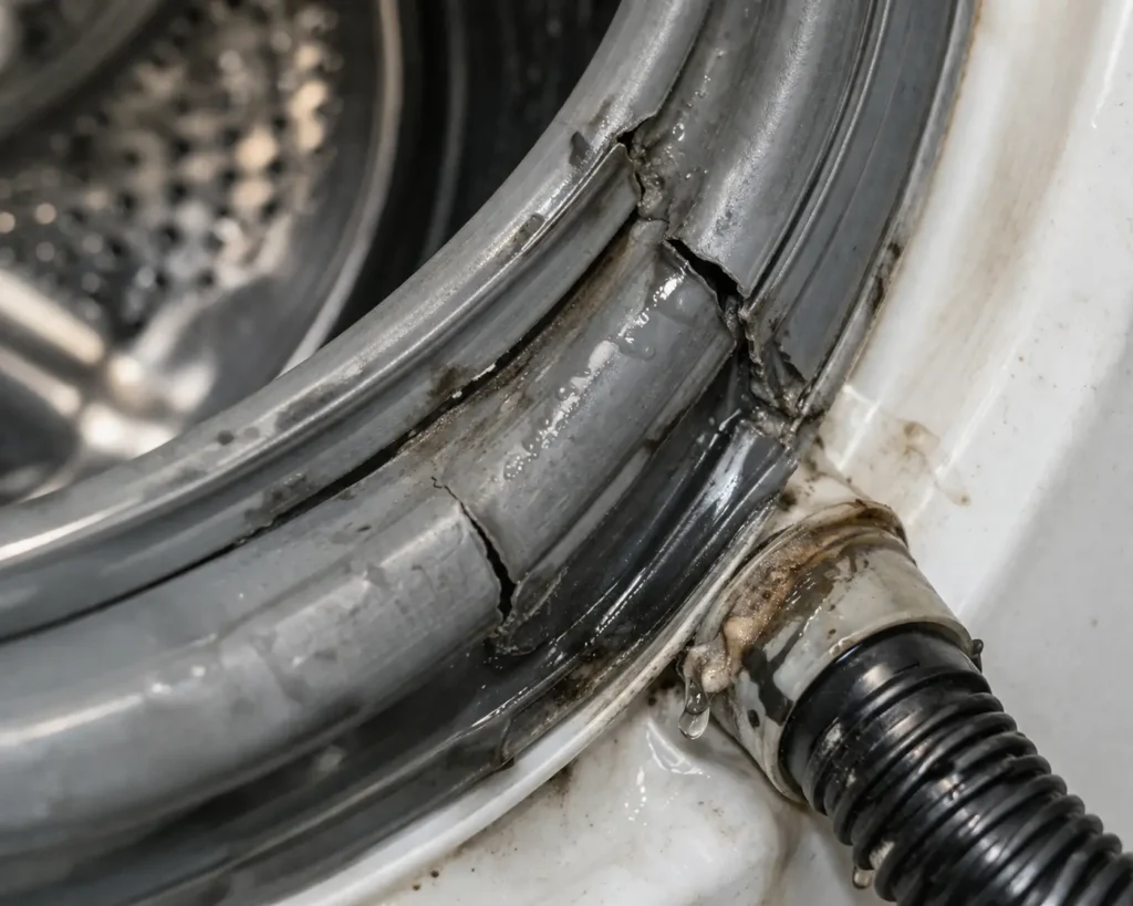 Cracked washer door seal and leaking hose connection found during a washer repair in Sarasota, FL