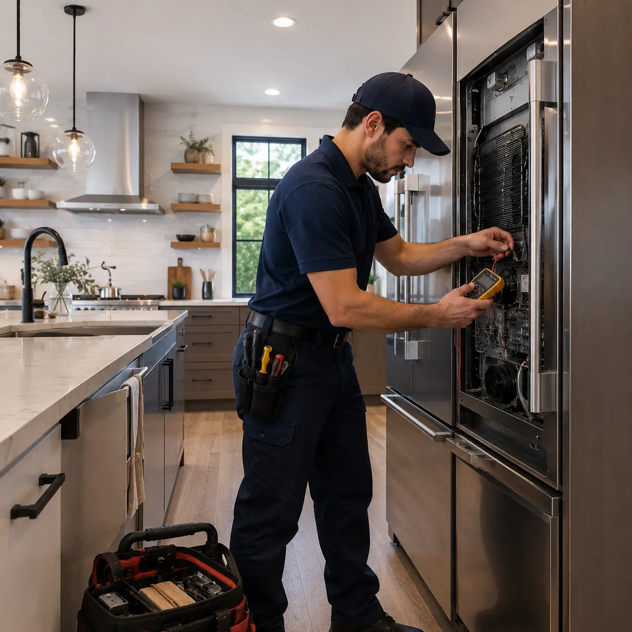 Appliance repair technician working in a Siesta Key condo