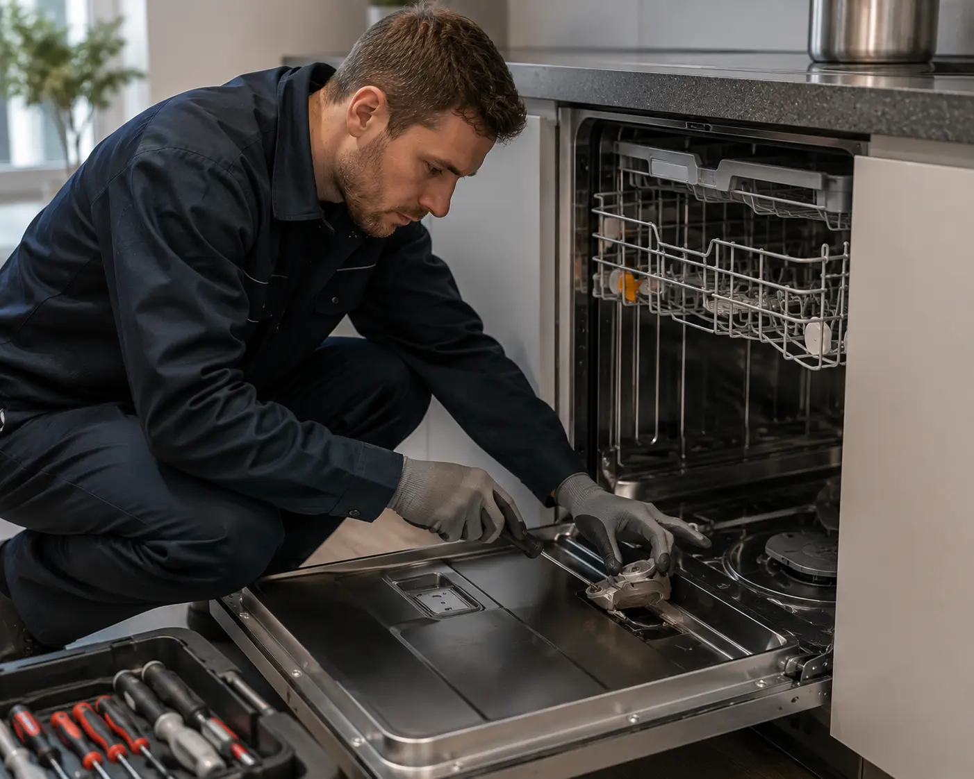 Miele specialist technician repairing dishwasher Sarasota