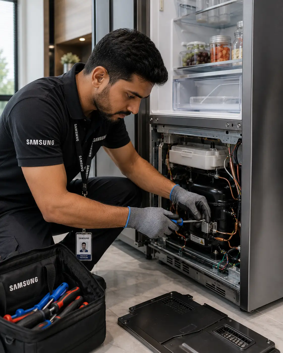 Samsung specialist technician repairing refrigerator Sarasota