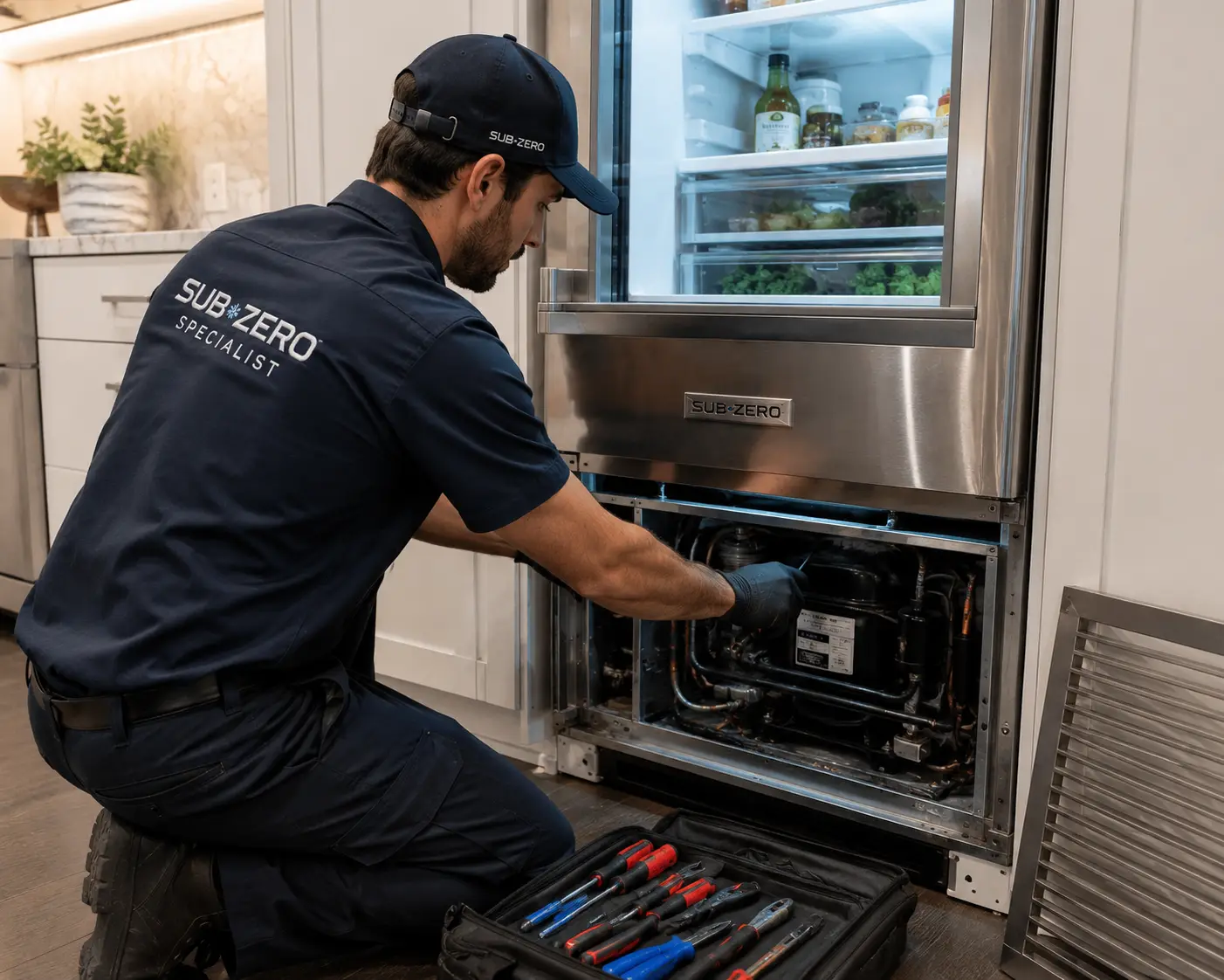 Sub-Zero specialist technician repairing built-in refrigerator Sarasota