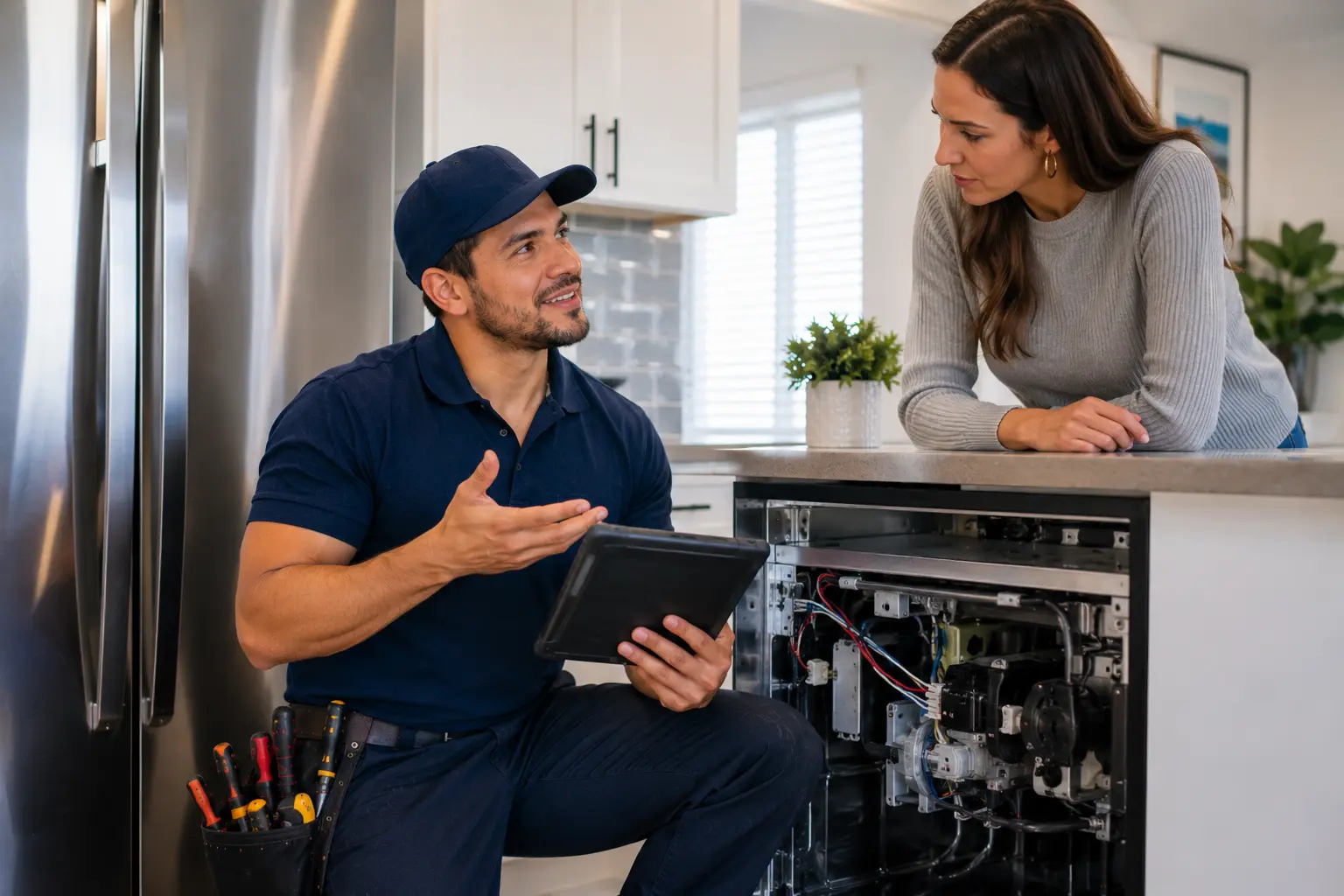 Technician explaining appliance diagnosis to homeowner in Sarasota
