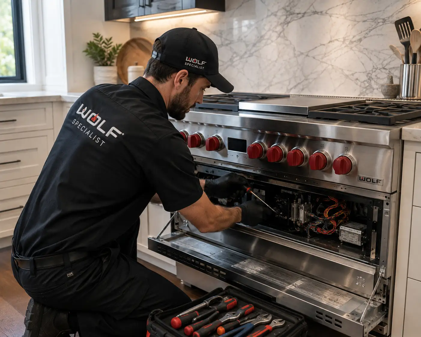 Wolf specialist technician repairing dual fuel range Sarasota