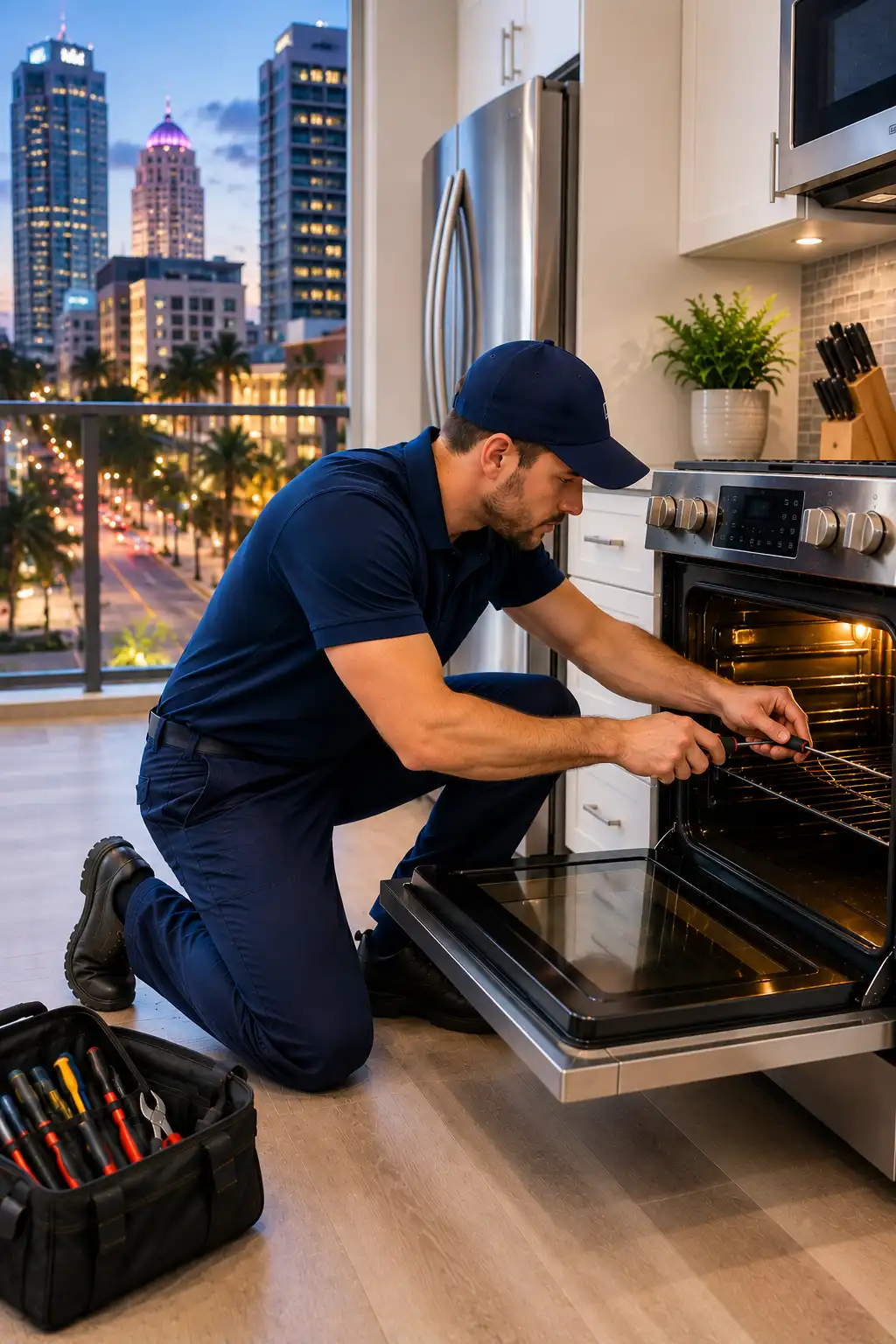 Appliance repair technician working in Downtown Sarasota home