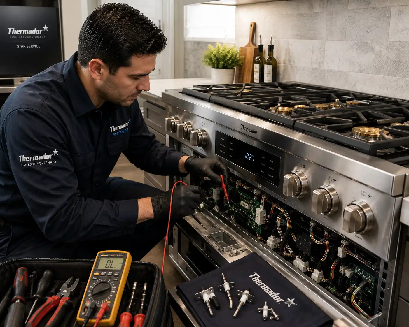 Thermador specialist technician repairing range Sarasota