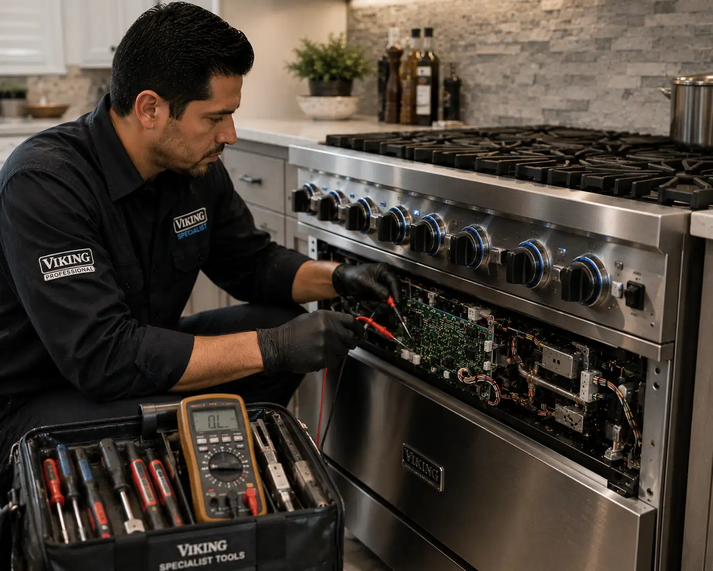 Viking specialist technician repairing professional range Sarasota
