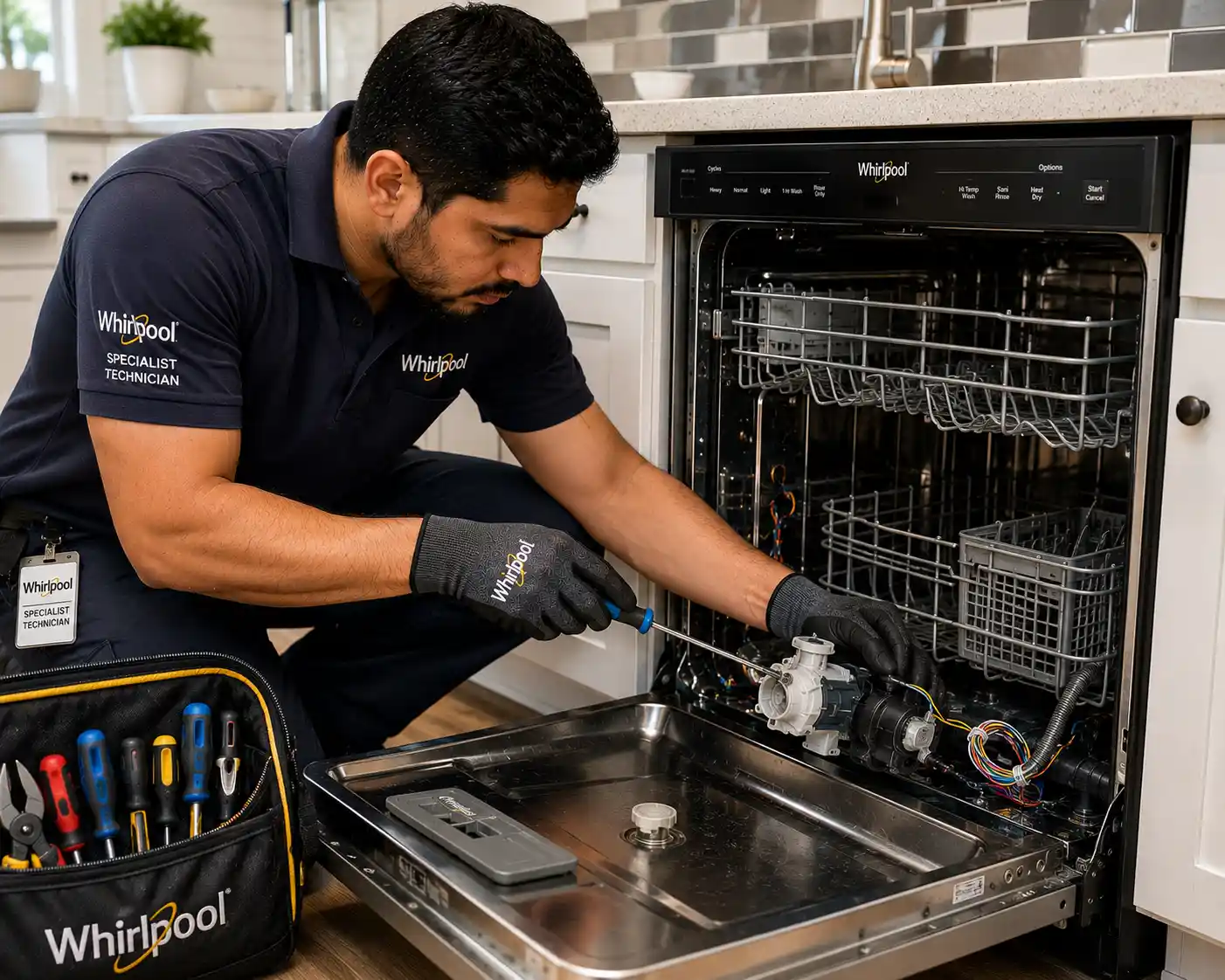 Whirlpool specialist technician repairing dishwasher Sarasota