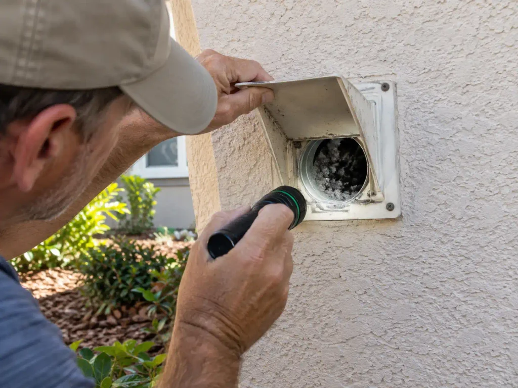 Inspecting dryer vent for pests after returning to Sarasota home for the season