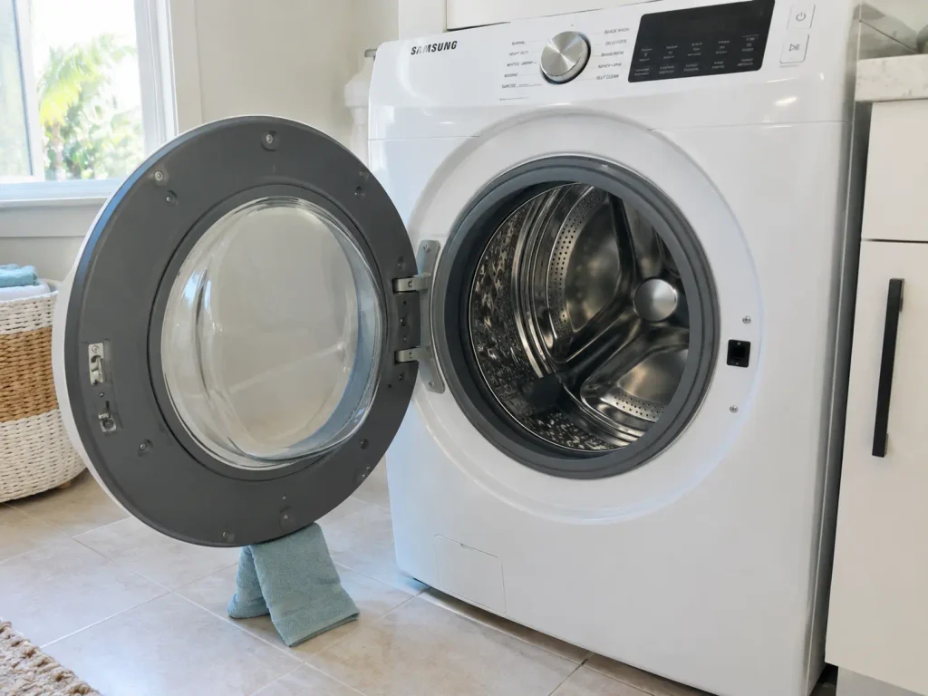 Washer door propped open to prevent mold while away for the season in Sarasota